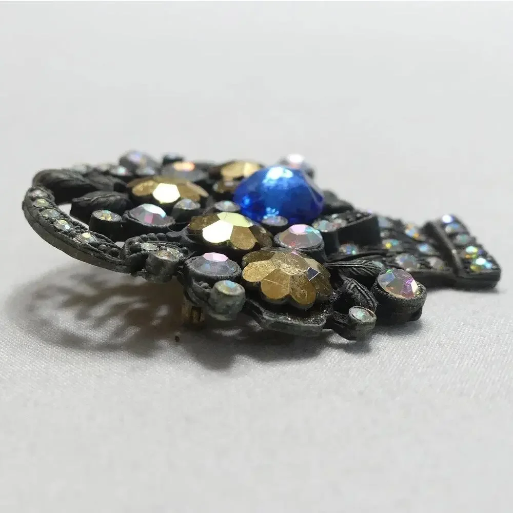 Vintage Mid Century Flower Basket Brooch with Cobalt, Aurora Borealis Rhinestone